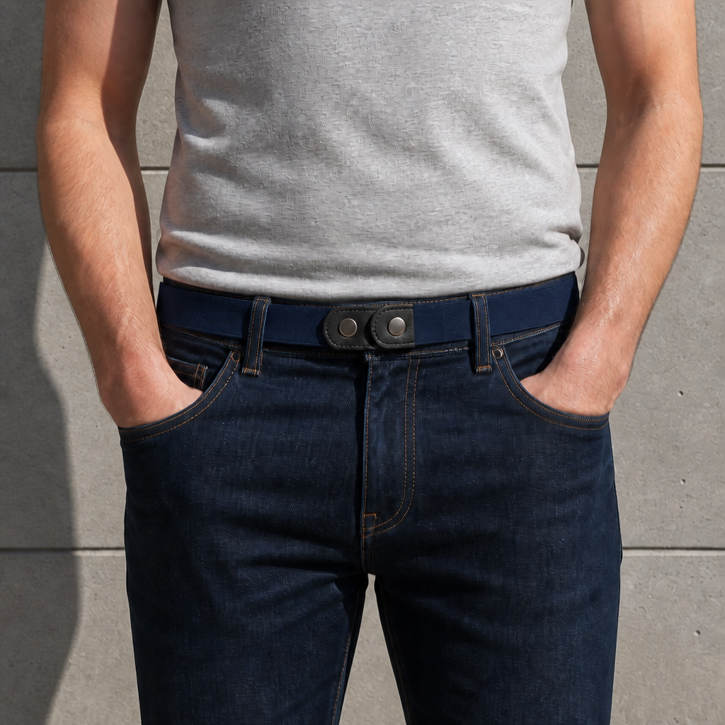 Ceinture élastique sans boucle bleu marine portée à la taille sur un jean, fermeture à pression à plat