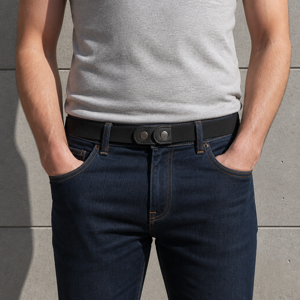 Ceinture élastique sans boucle noire portée à la taille sur un jean, fermeture à pression à plat
