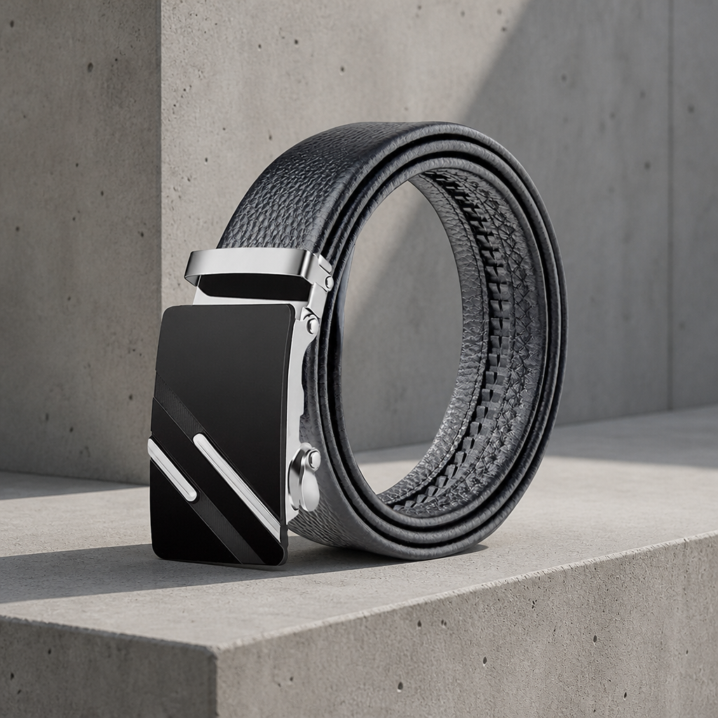 Ceinture mariage homme noire en croûte de cuir grainée, boucle automatique à bandes argent, enroulée sur un bloc de béton