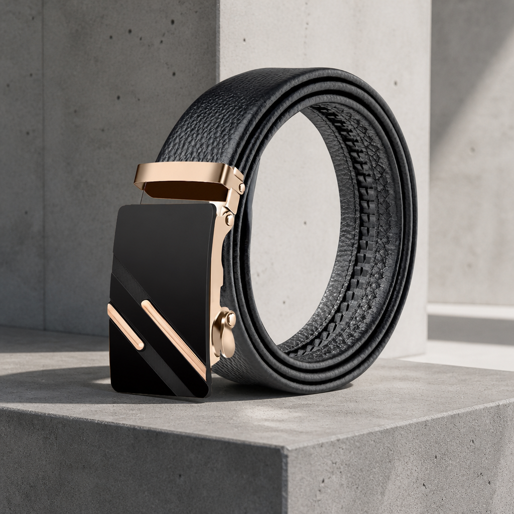 Ceinture mariage homme noire en croûte de cuir grainée, boucle automatique à bandes or rosé, enroulée sur un bloc de béton