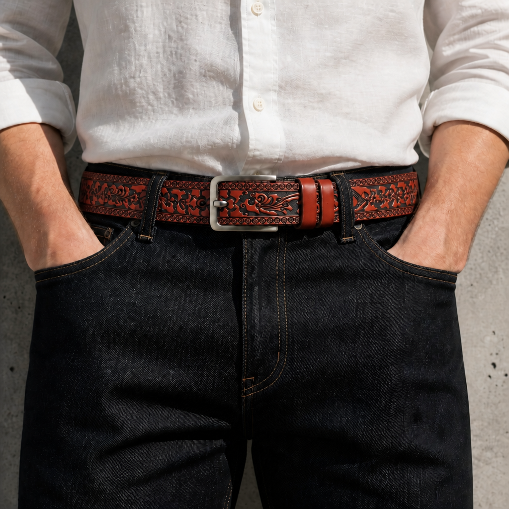 Ceinture mexicaine homme bordeaux portée sur un jean brut