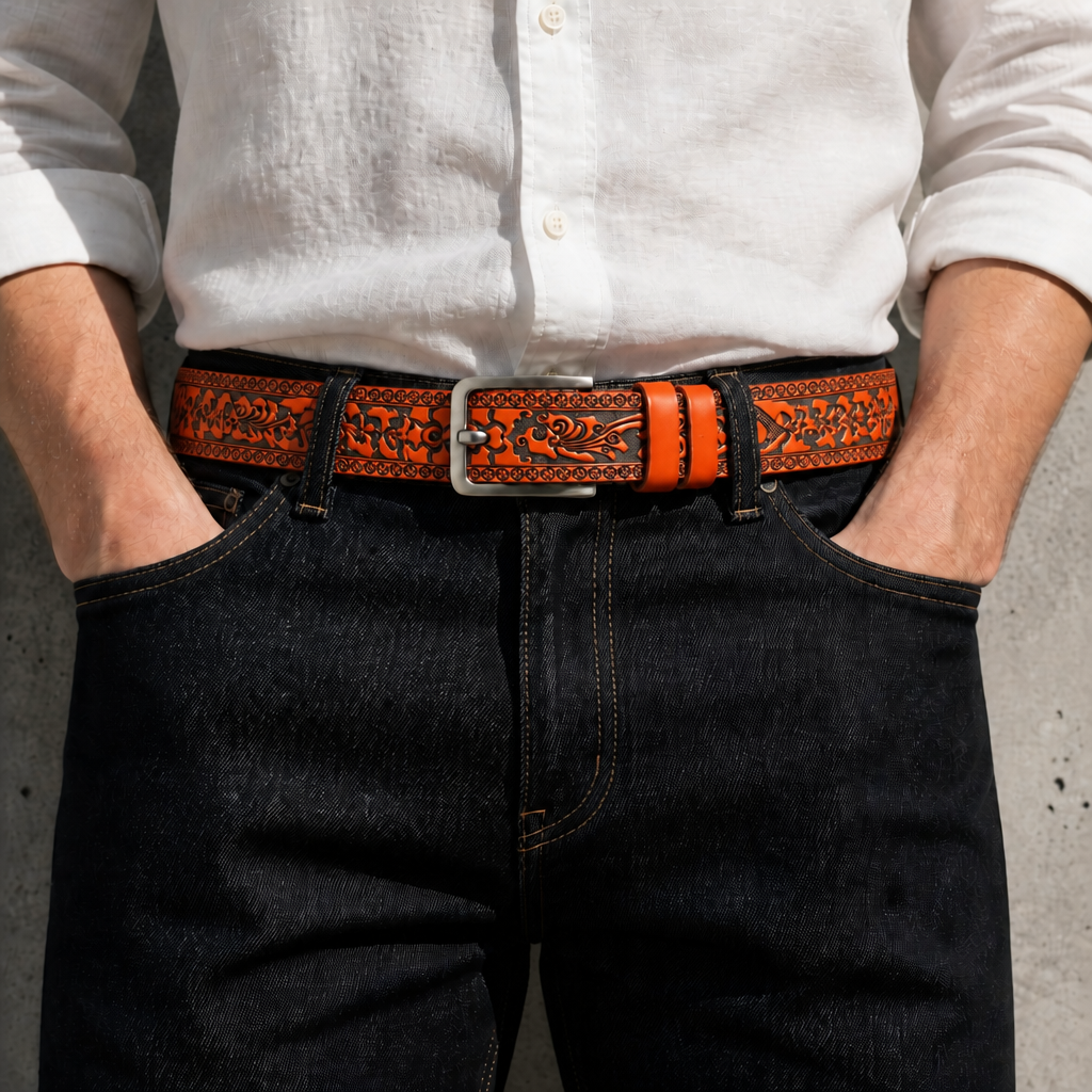 Ceinture mexicaine homme orange portée sur un jean brut