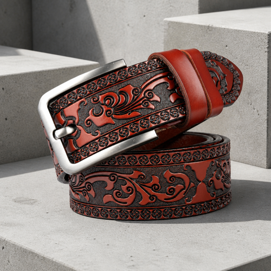 Ceinture mexicaine homme bordeaux rouge brun en cuir embossé