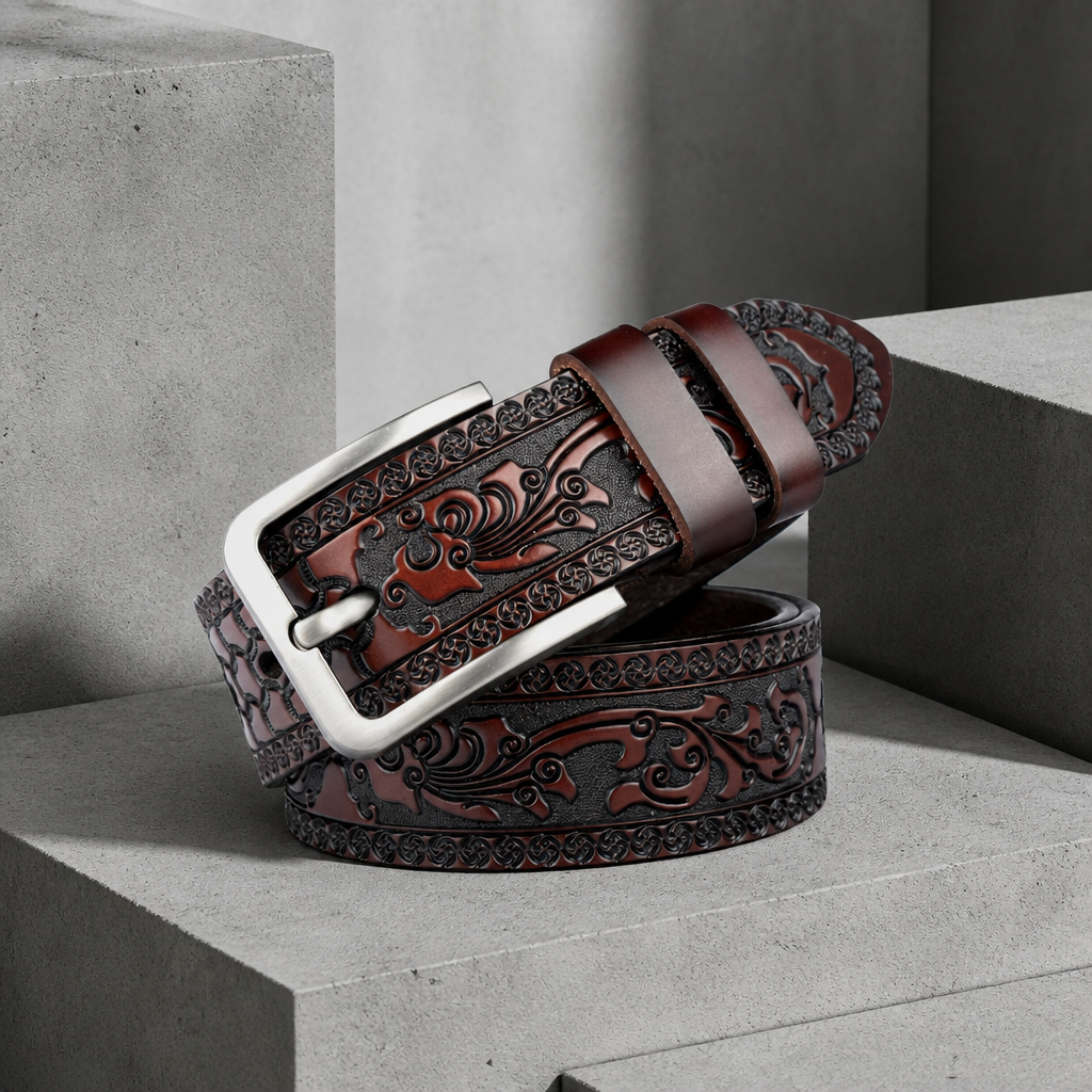 Ceinture mexicaine homme marron en cuir embossé à motif floral