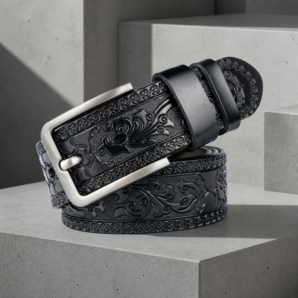 Ceinture mexicaine homme noire en cuir embossé à rinceaux floraux, boucle argentée