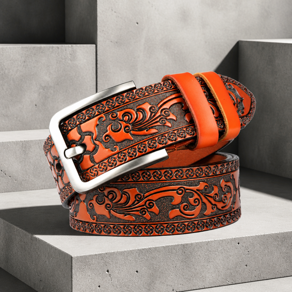 Ceinture mexicaine homme orange en cuir embossé à rinceaux floraux