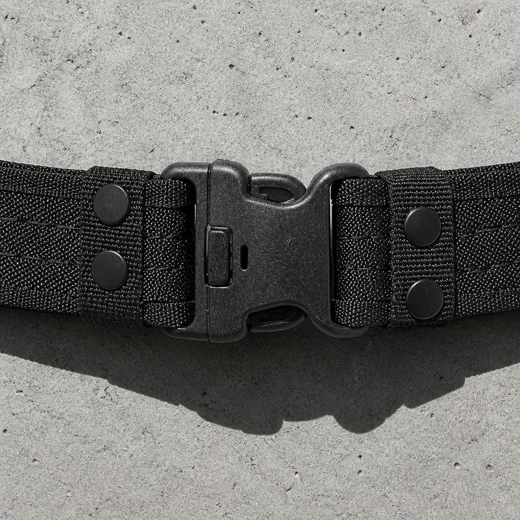 Gros plan de la boucle clip et des boutons-pressions de la ceinture noire