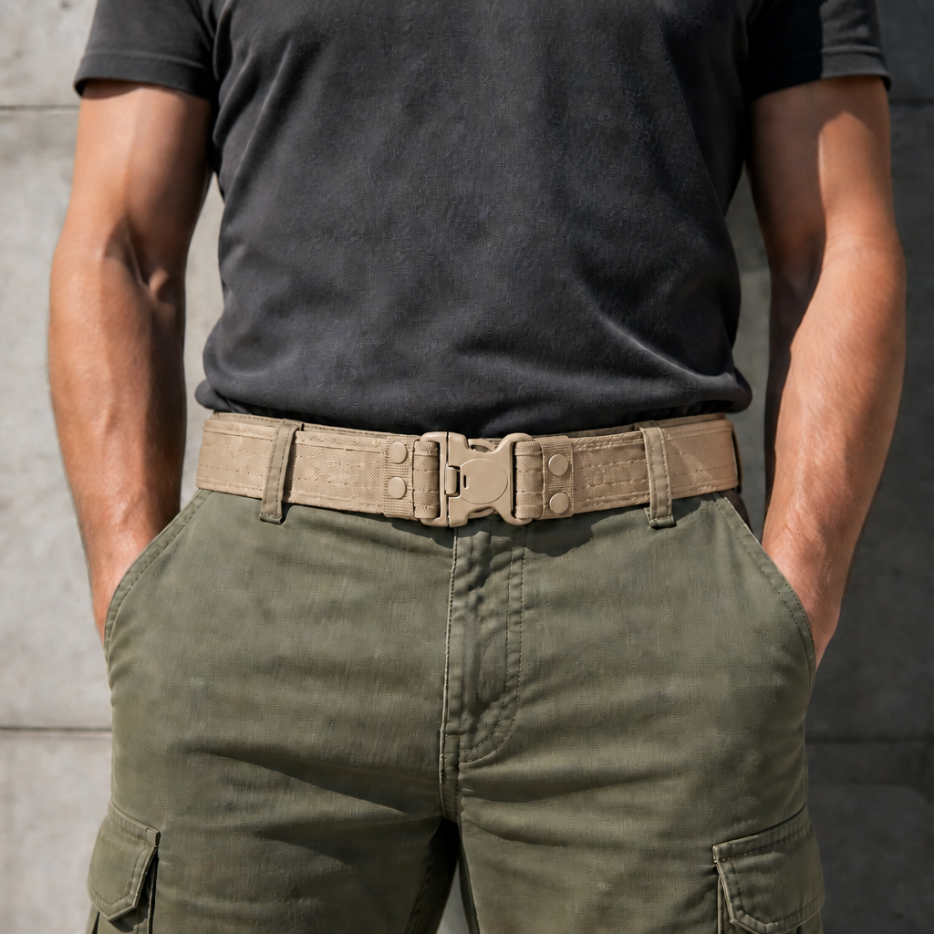 Homme portant la ceinture tactique beige sable sur un pantalon cargo