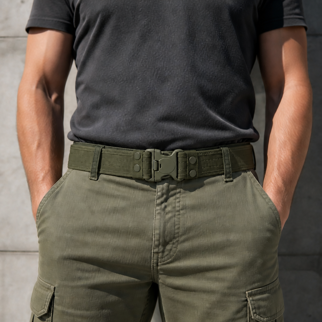 Homme portant la ceinture tactique vert olive sur un pantalon cargo