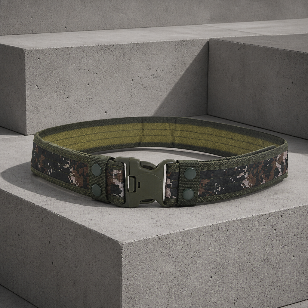 Ceinture militaire homme en toile camouflage numérique, boucle clip olive