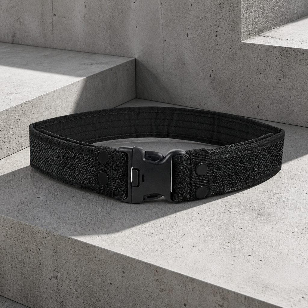Ceinture militaire homme en toile noire, boucle clip noire, sur béton