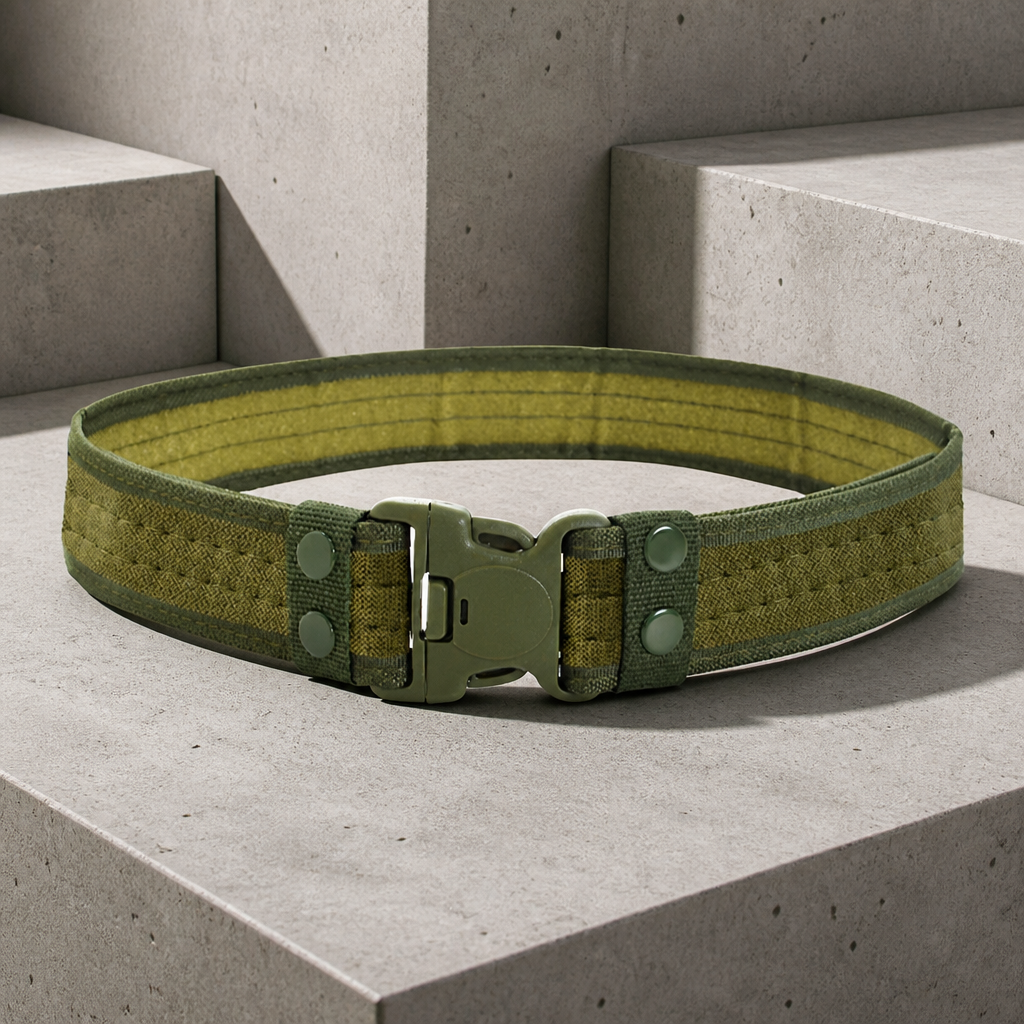 Ceinture militaire homme en toile vert olive, boucle clip, sur béton