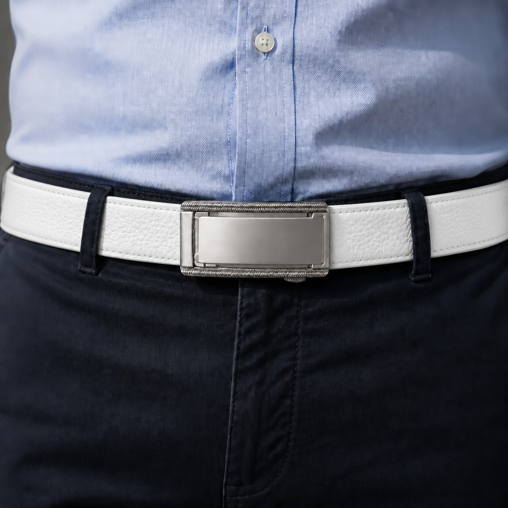 Ceinture personnalisée homme blanche portée, boucle brossée au centre