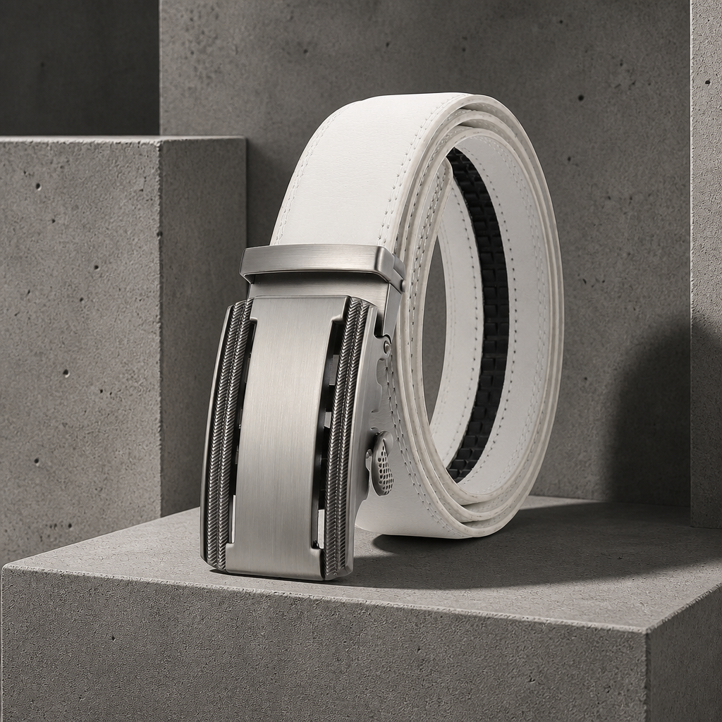 Ceinture personnalisée homme en cuir blanc grainé, boucle automatique à plaque brossée