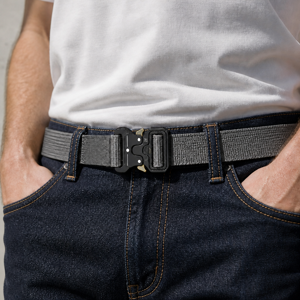 Ceinture réglable homme grise portée avec un jean et un t-shirt blanc