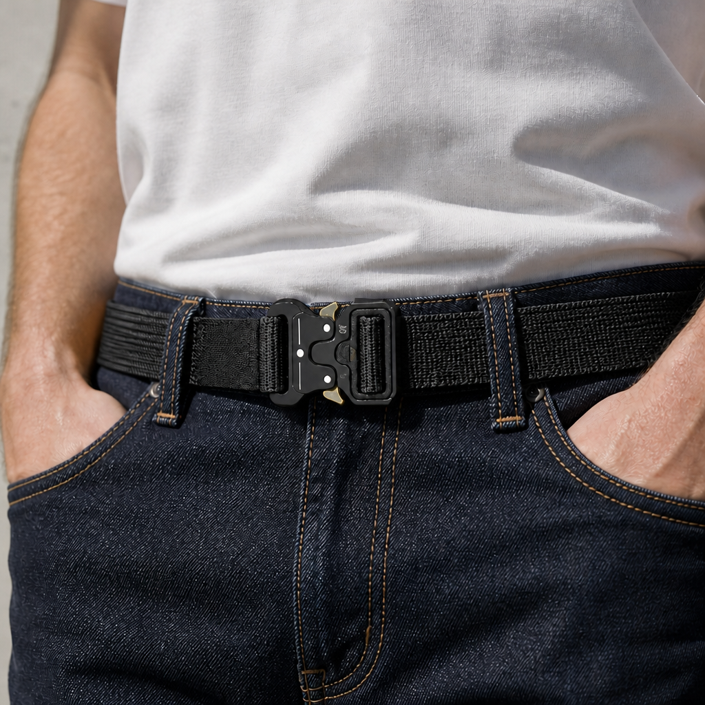Ceinture réglable homme noire portée sur un jean brut, boucle fermée au centre