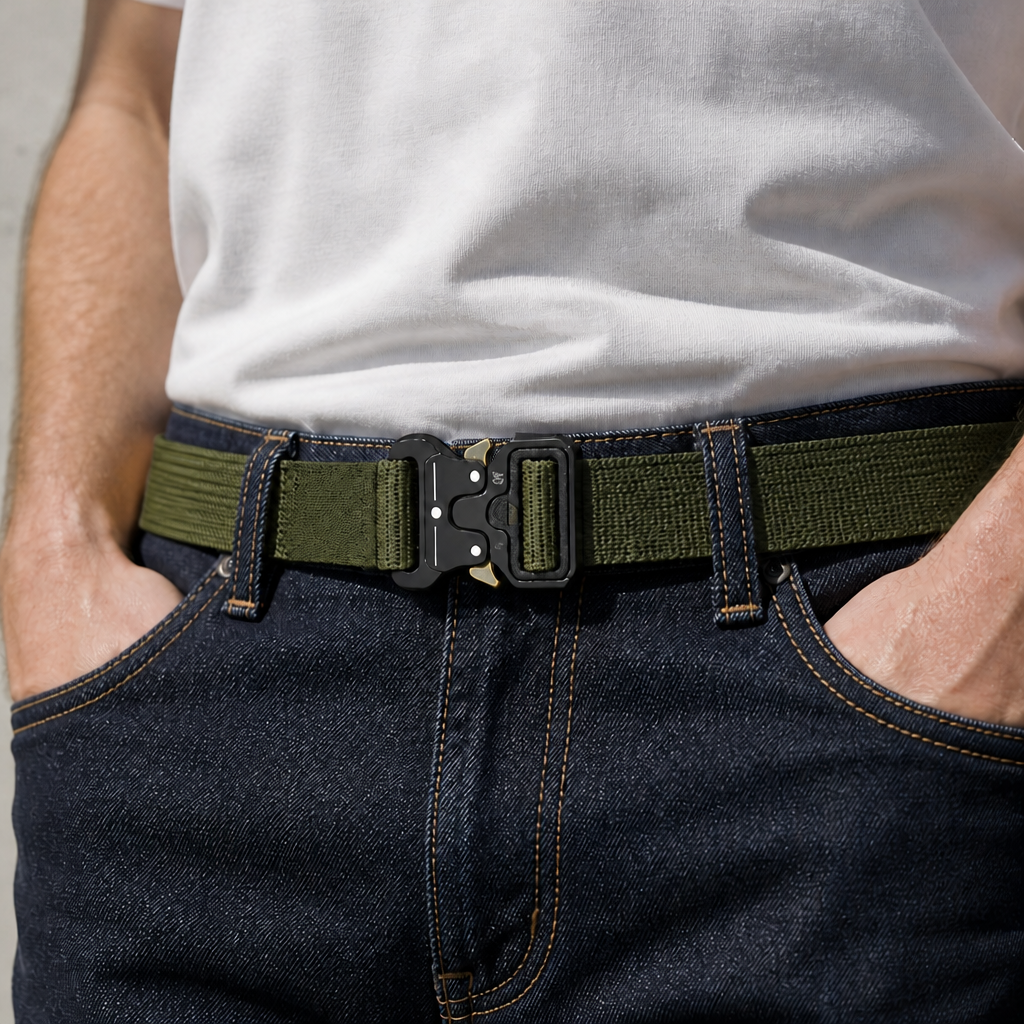 Ceinture réglable homme vert olive portée sur un jean brut