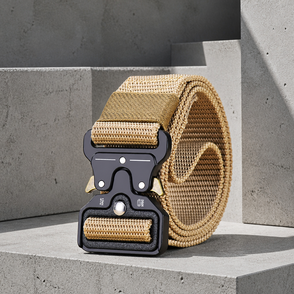Ceinture réglable homme en sangle beige sable, boucle à ouverture rapide