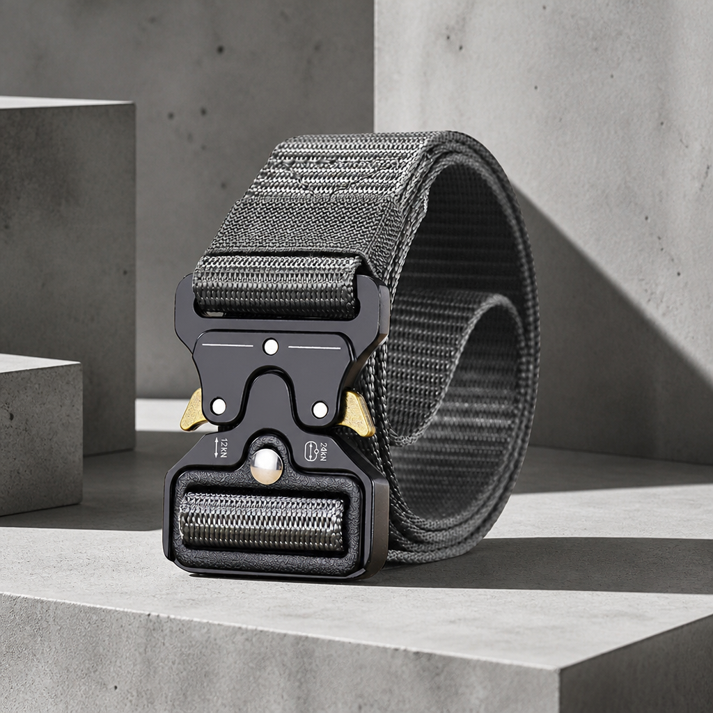 Ceinture réglable homme en sangle grise enroulée, boucle noire à leviers dorés