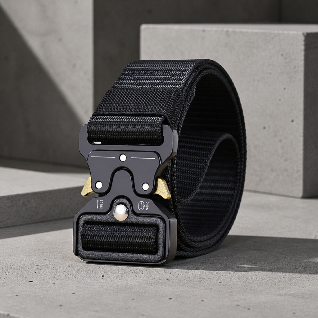 Ceinture réglable homme en sangle noire, boucle à ouverture rapide et leviers dorés