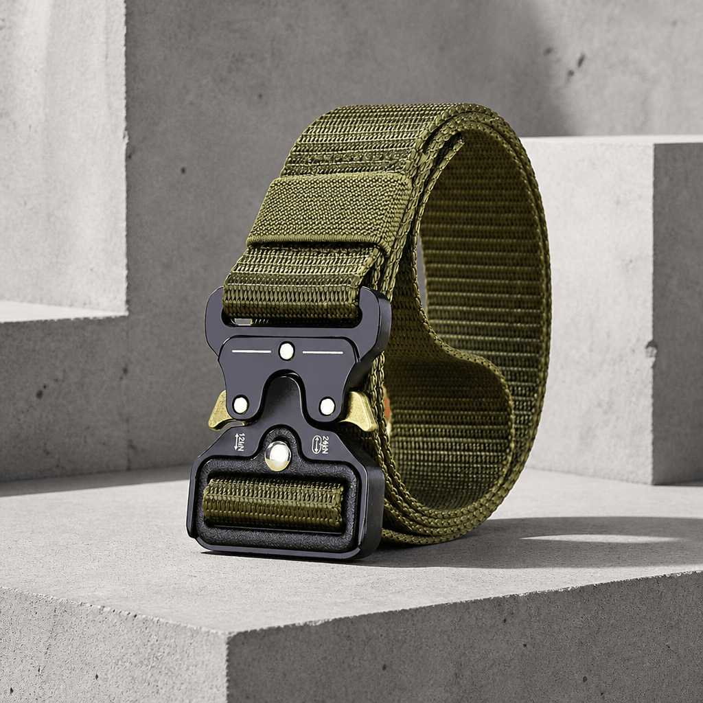 Ceinture réglable homme en sangle vert olive, boucle noire à leviers dorés