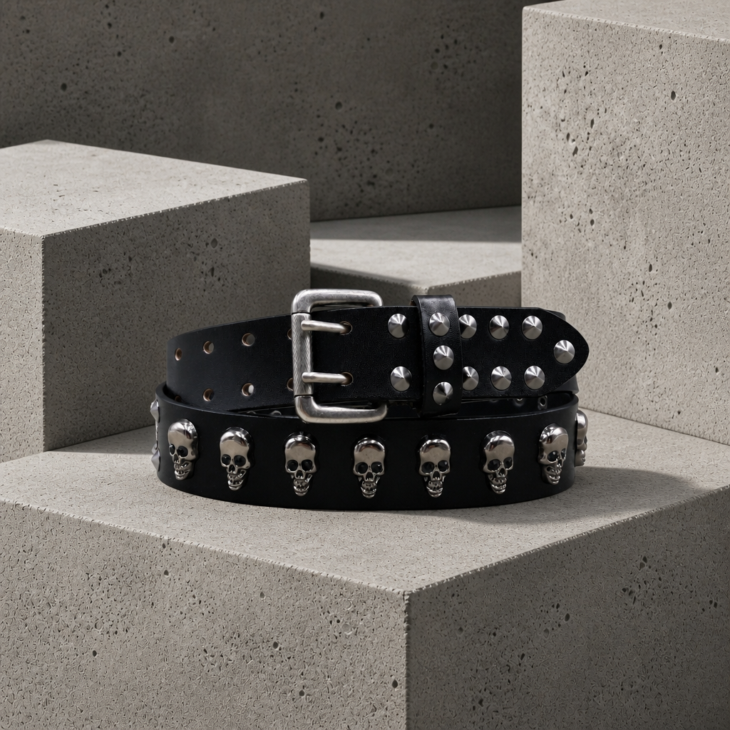 Ceinture rock homme noire en cuir, rangée de têtes de mort argentées et boucle à double ardillon