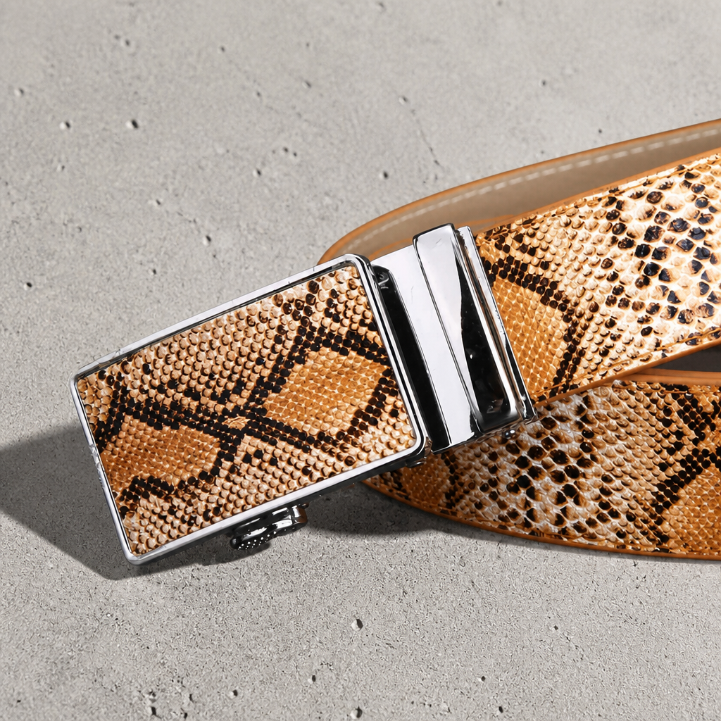 Détail de la boucle automatique incrustée du motif python camel