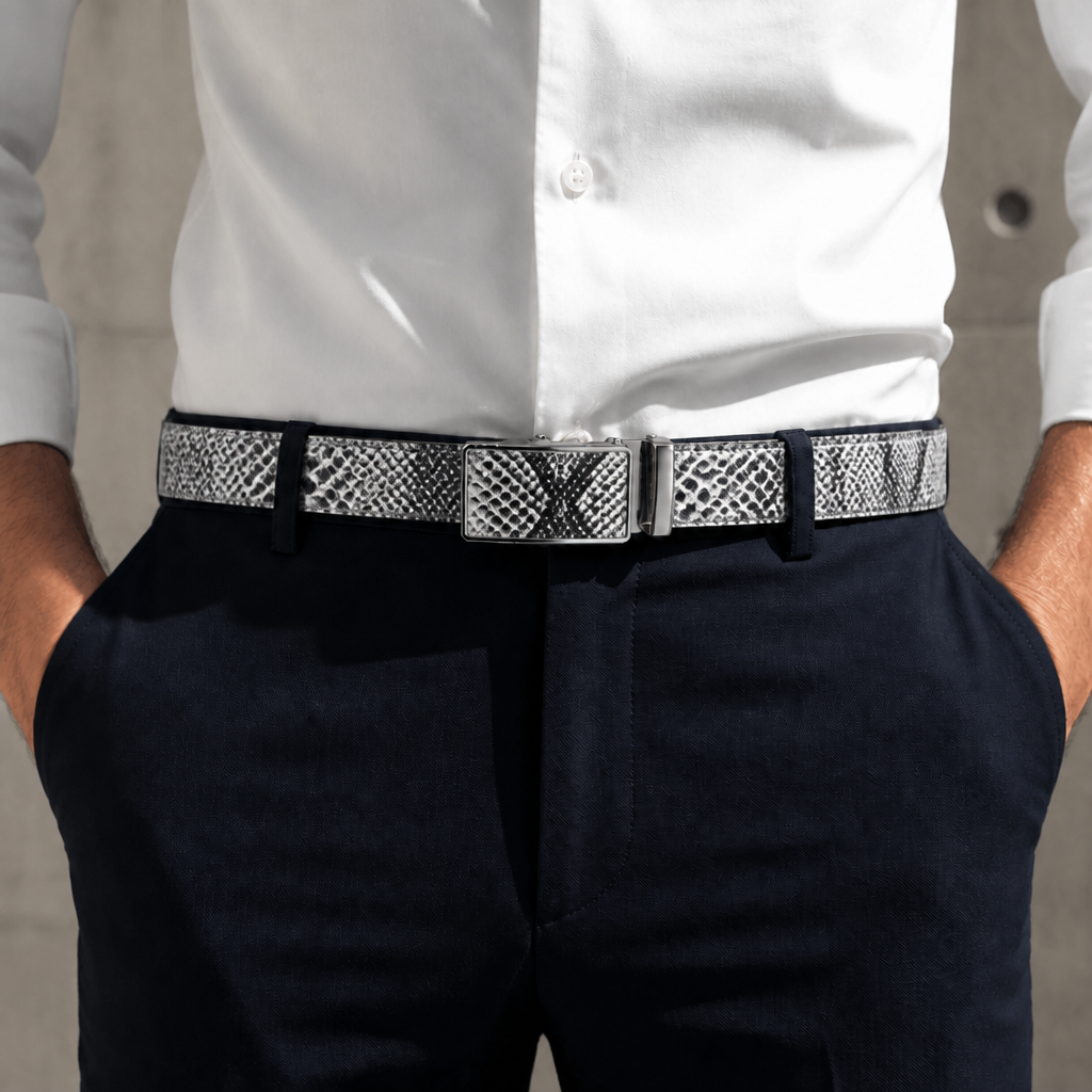 Ceinture serpent homme gris perle portée sur un pantalon bleu nuit et une chemise blanche