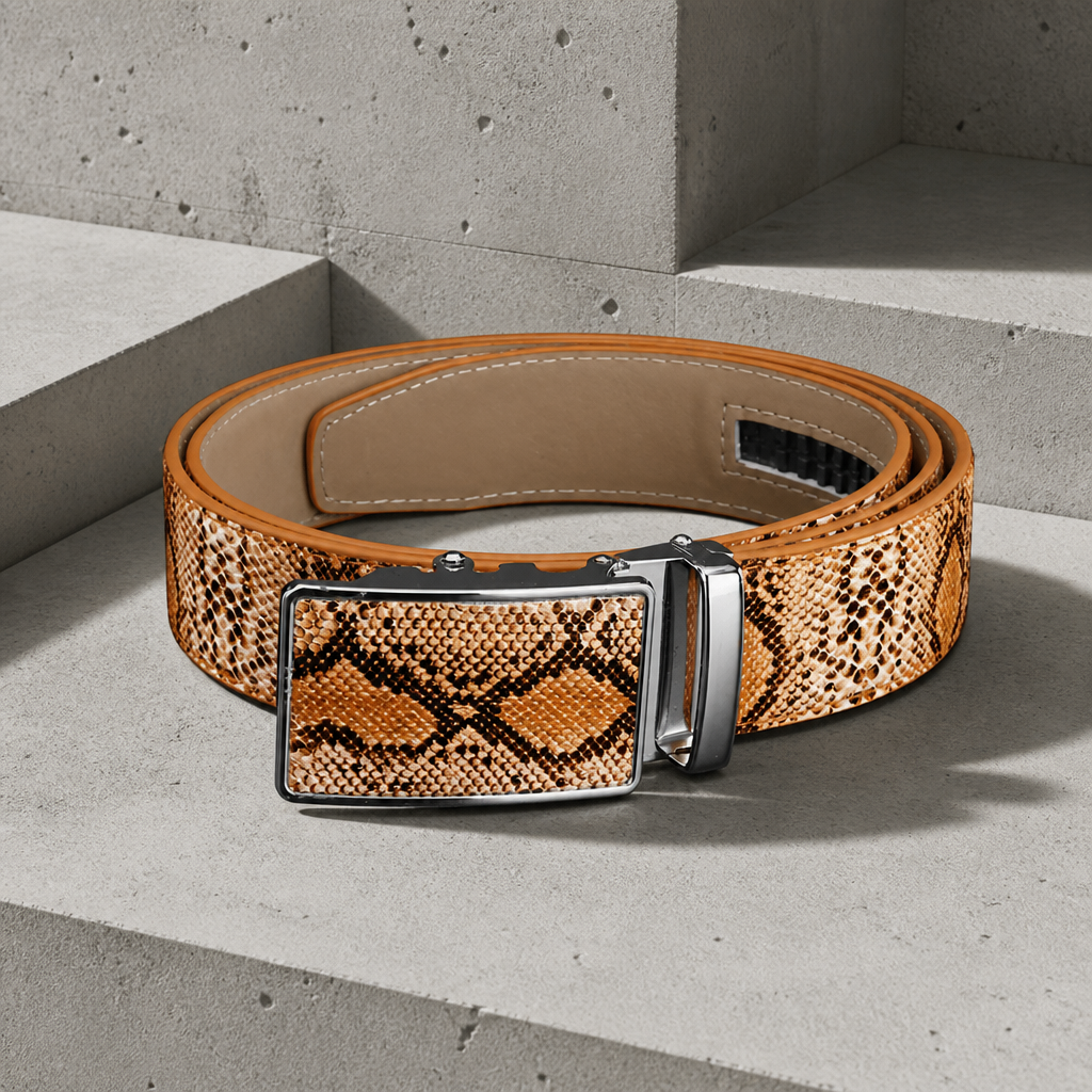 Ceinture serpent homme camel façon python, boucle automatique argentée