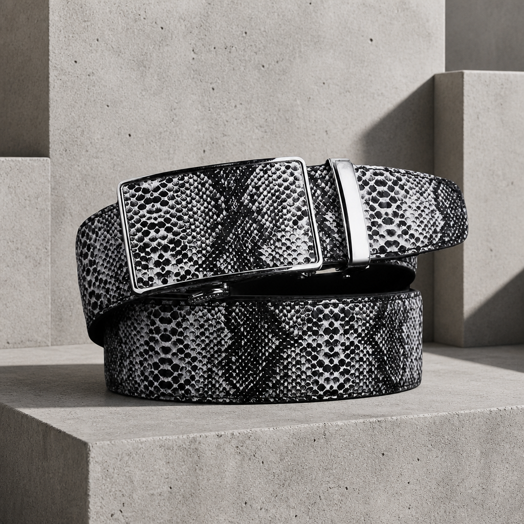 Ceinture serpent homme gris perle façon python, boucle automatique argentée incrustée