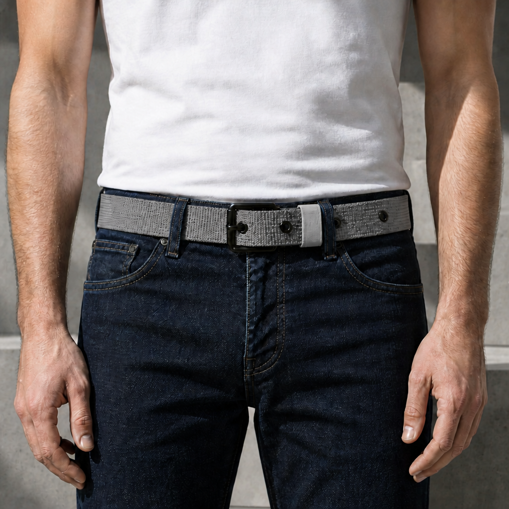 Homme portant la ceinture sport grise à œillets sur un jean brut
