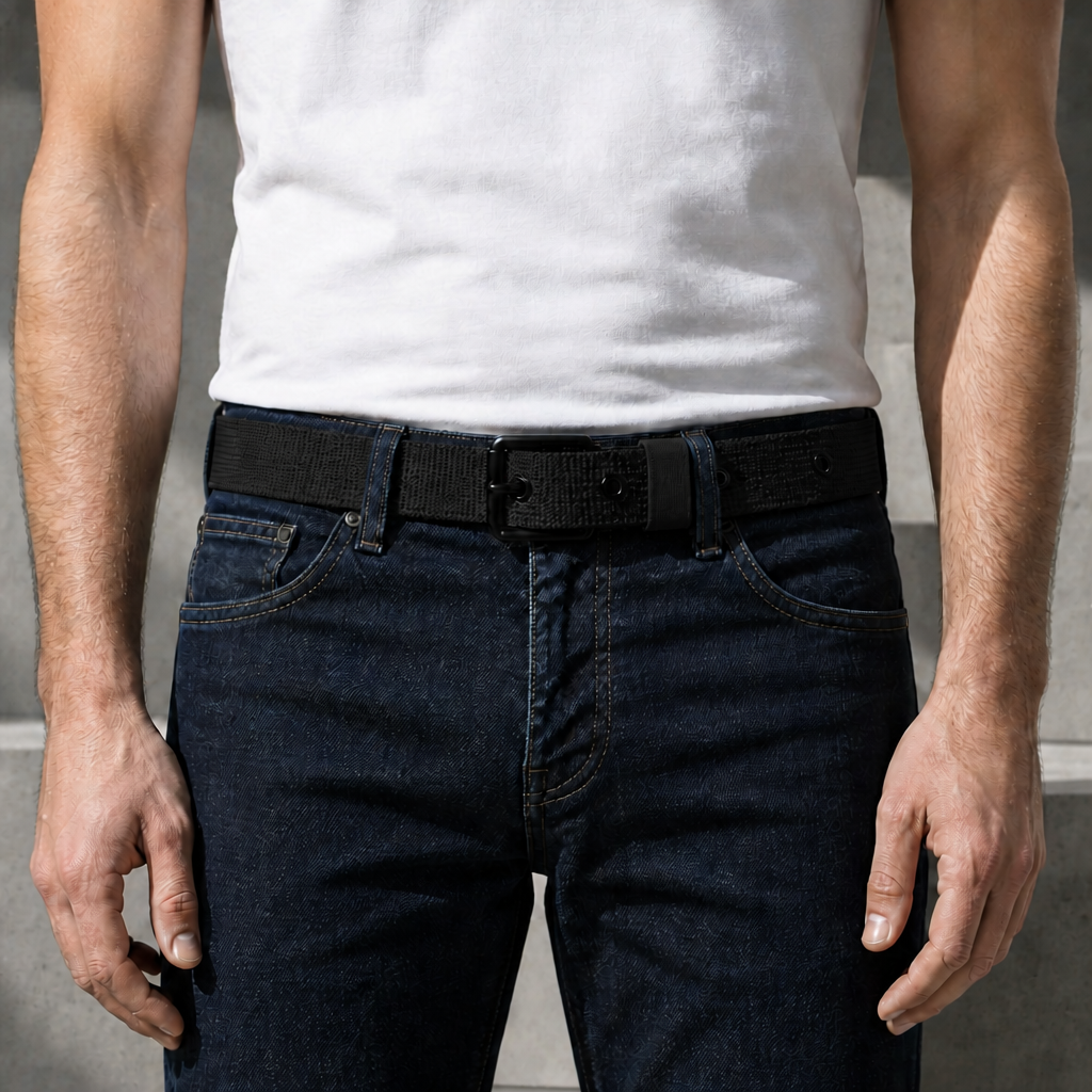 Homme portant la ceinture sport noire à œillets sur un jean brut