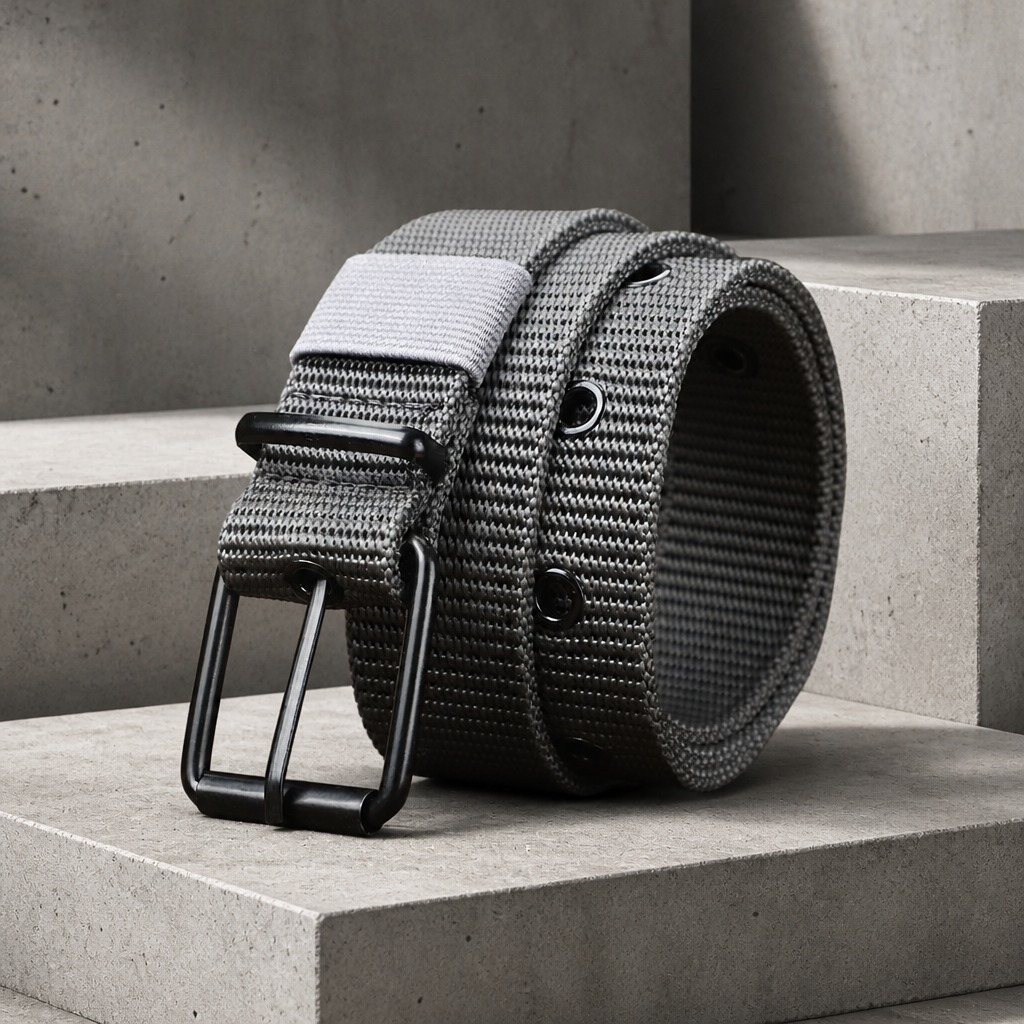 Ceinture sport homme grise en sangle nylon à œillets, boucle noire