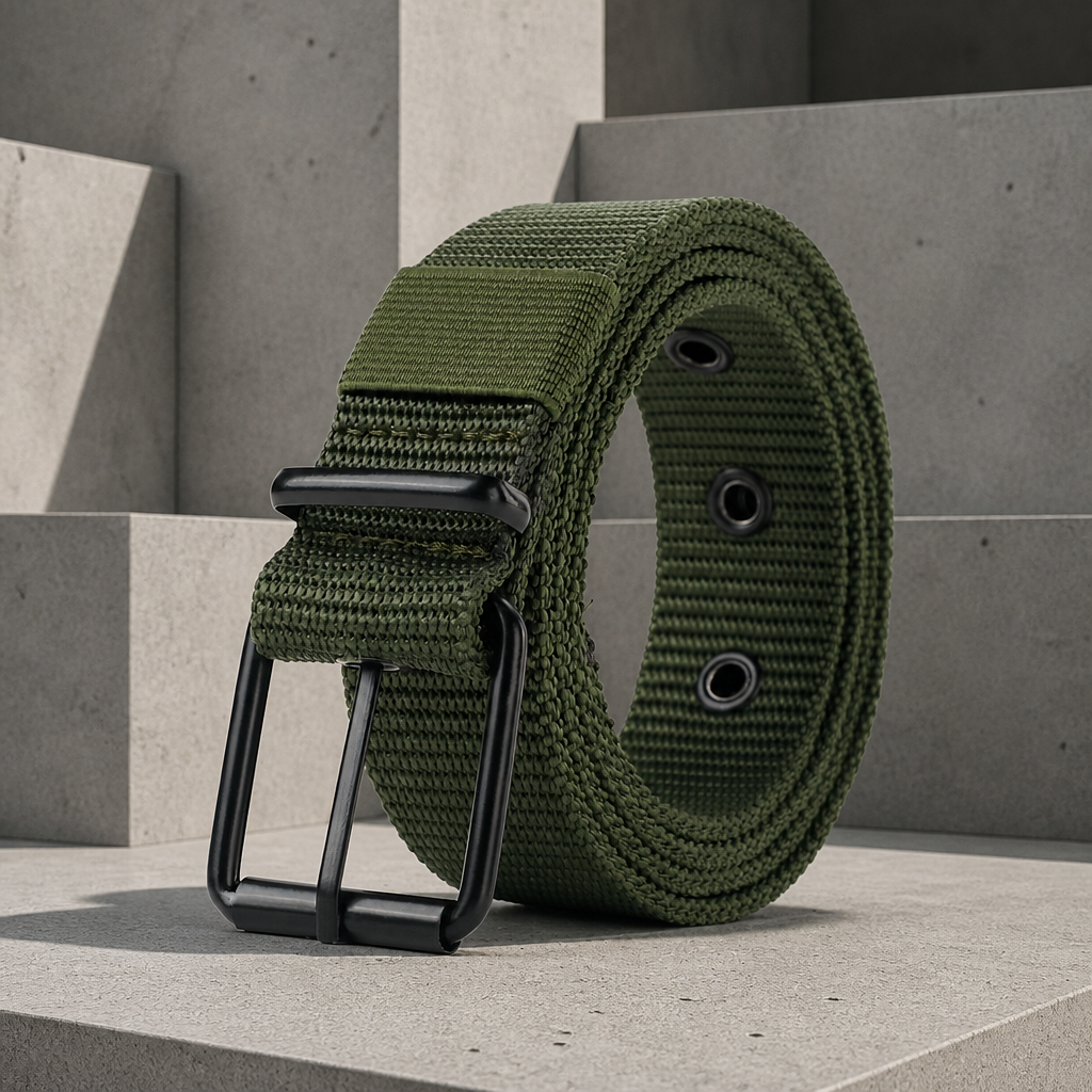Ceinture sport homme vert armée en sangle nylon à œillets, boucle noire