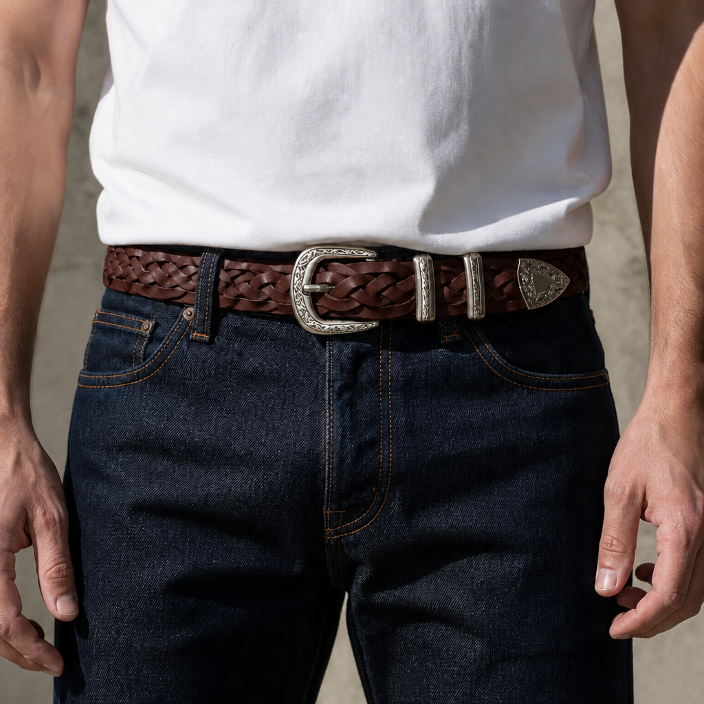 Ceinture style western homme en cuir tressé bordeaux portée sur un jean brut