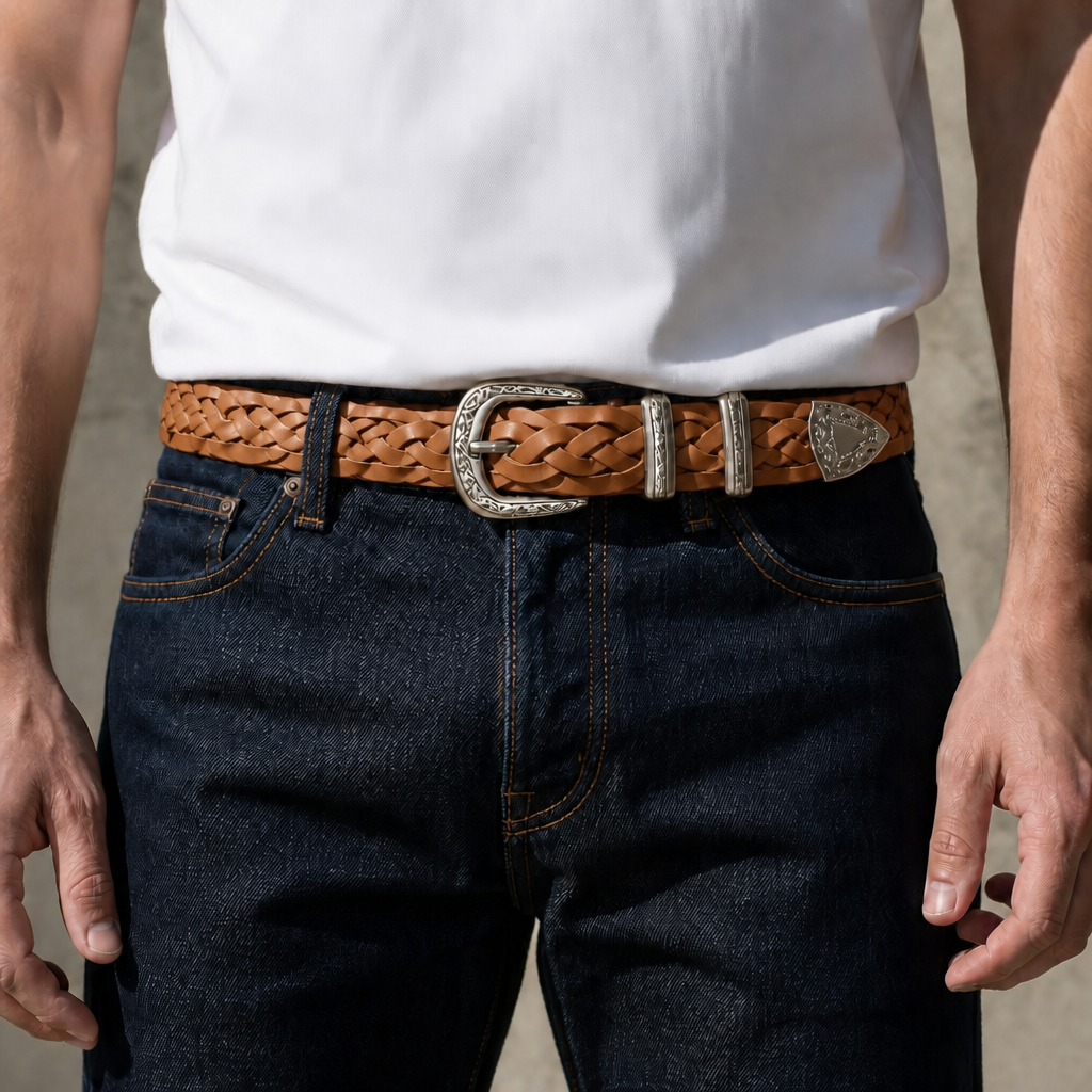 Des Finitions Exemplaires - Ceinture Style Western Homme en Cuir Tressé, Boucle Ciselée