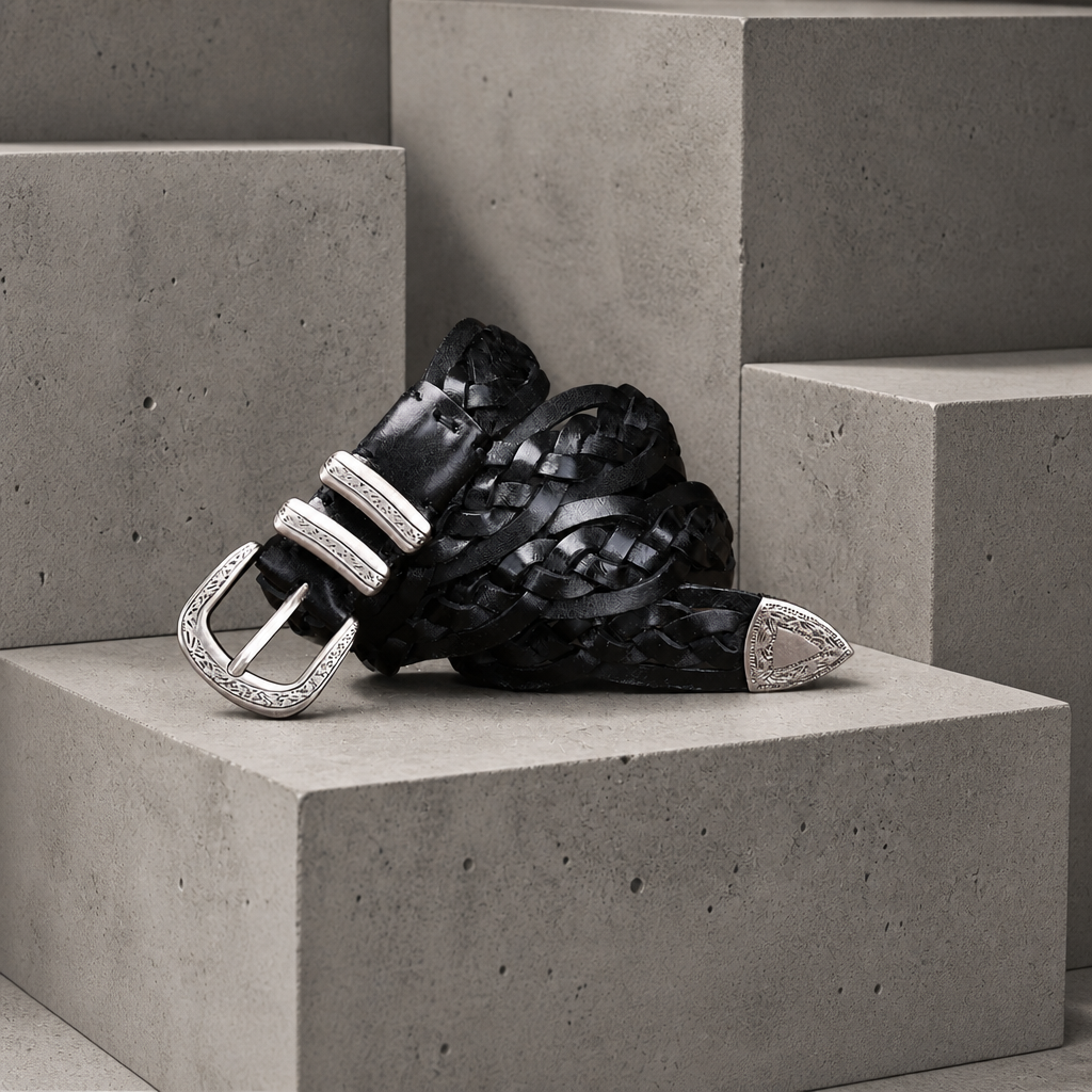 Ceinture style western homme en cuir tressé noir, boucle et embout ciselés argent vieilli