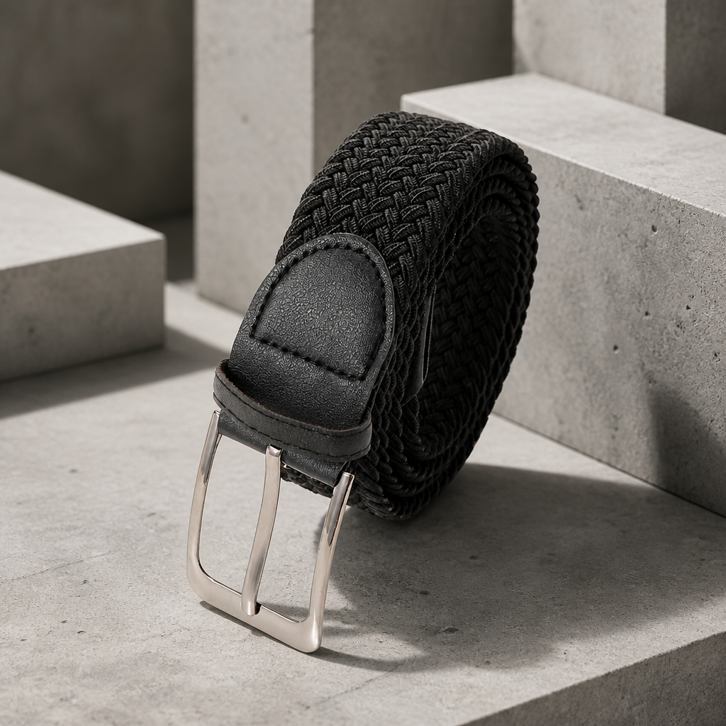 Ceinture tressée élastique homme noire en toile, boucle à ardillon argentée, sur fond béton