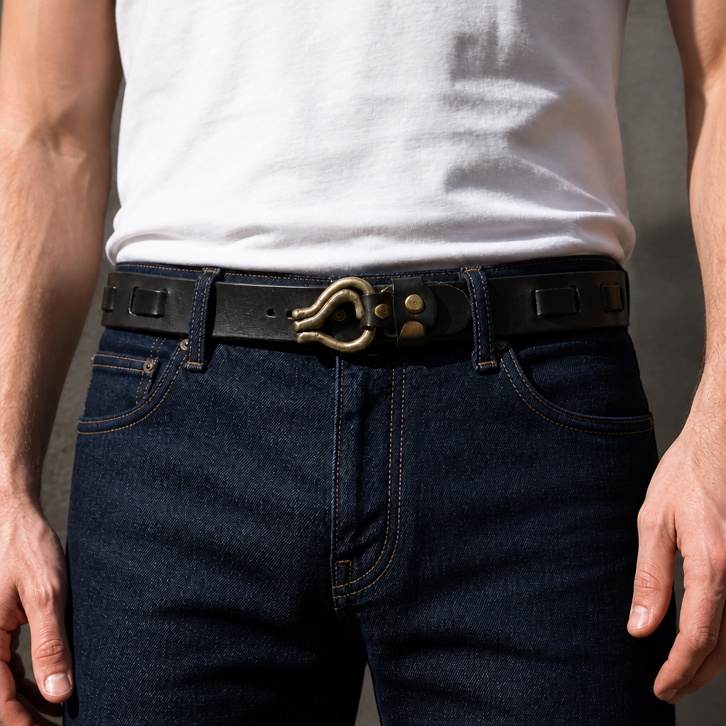 Ceinture vintage homme noire portée sur un jean brut, crochet doré au centre
