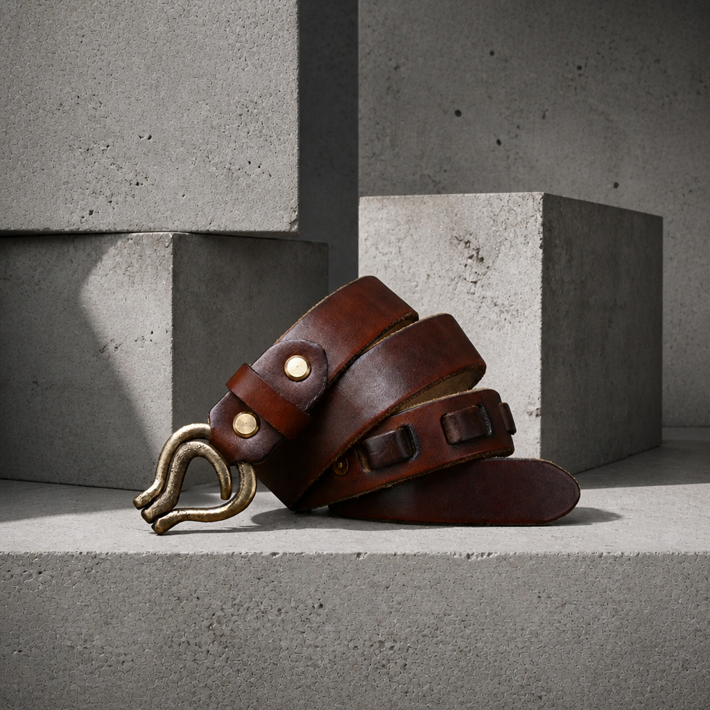 Ceinture vintage homme en cuir marron aux nuances irrégulières, boucle à crochet