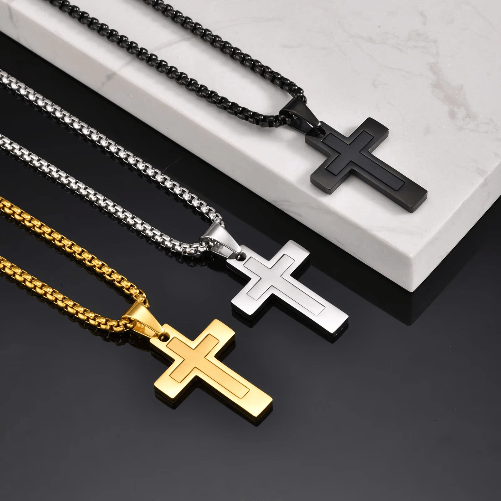 chaine et pendentif croix homme or argent noir acier
