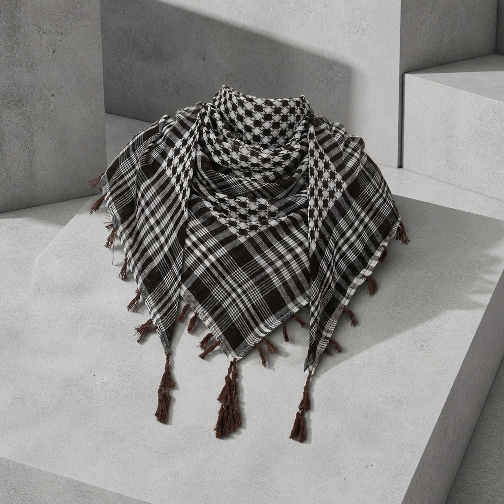 Chèche Homme Carré à Petits Carreaux et Pompons, coloris marron