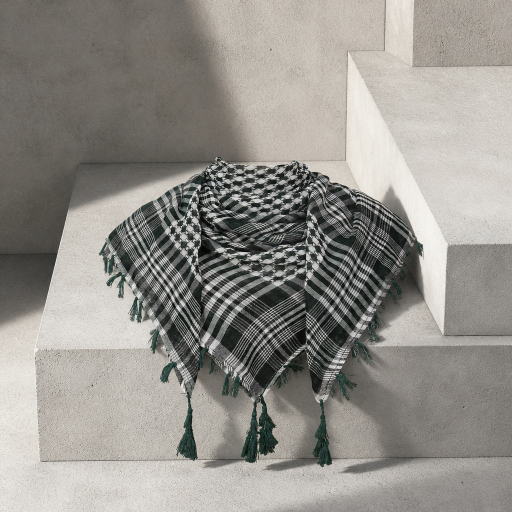 Chèche Homme Carré à Petits Carreaux et Pompons, coloris vert