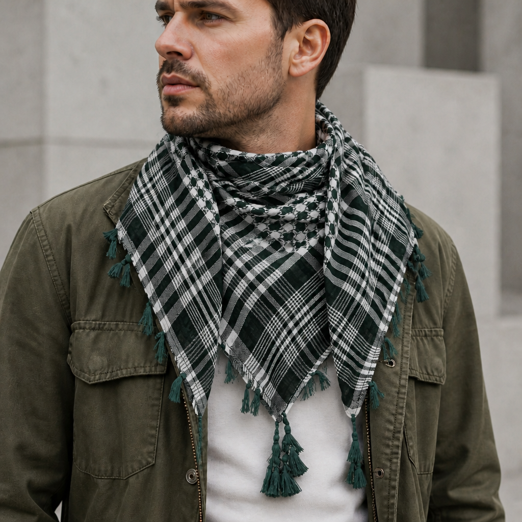 Chèche Homme Carré à Petits Carreaux et Pompons coloris vert, porté par un homme