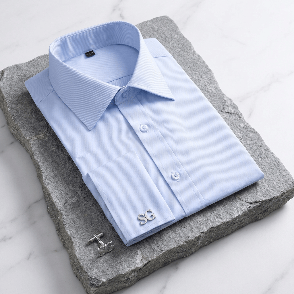 chemise bleue à poignets mousquetaires avec boutons de manchette argentés en forme de lettres
