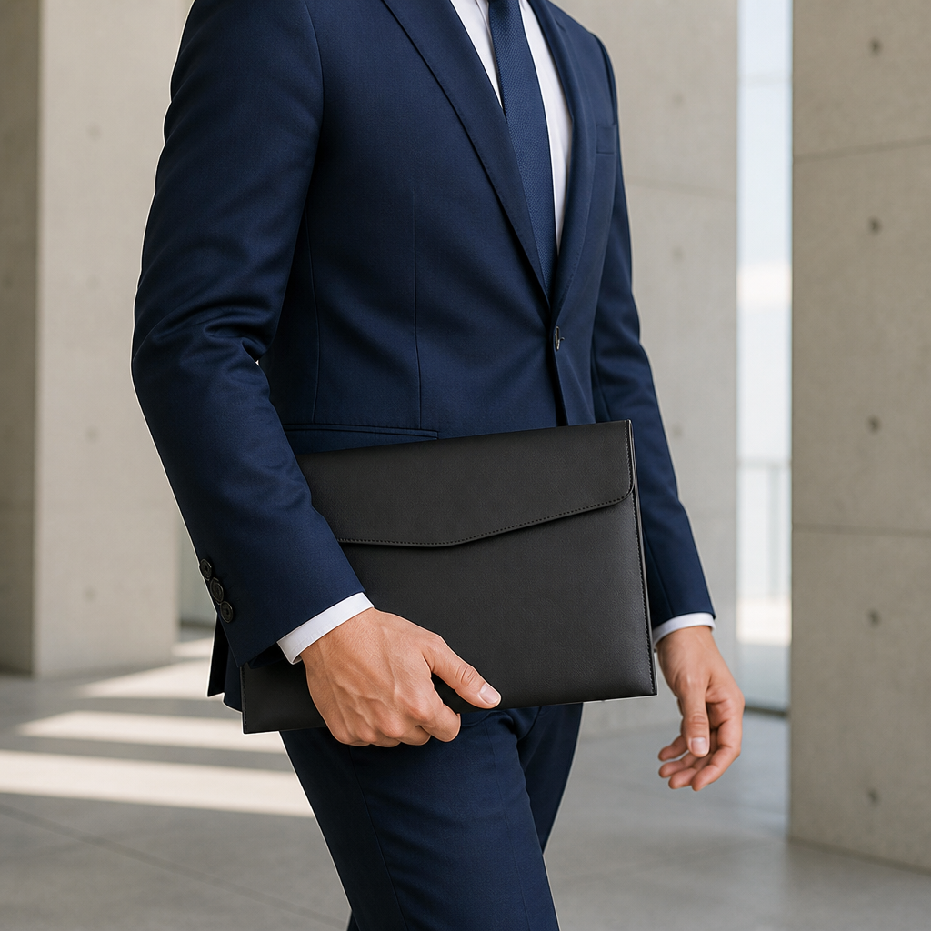 Homme en costume portant la chemise porte-document A4 noire sous le bras