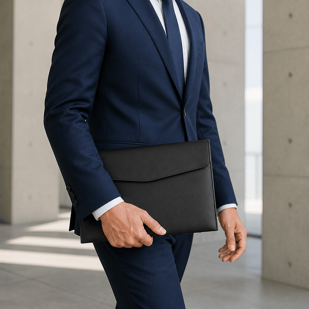 Homme en costume portant la chemise porte-document A4 noire sous le bras