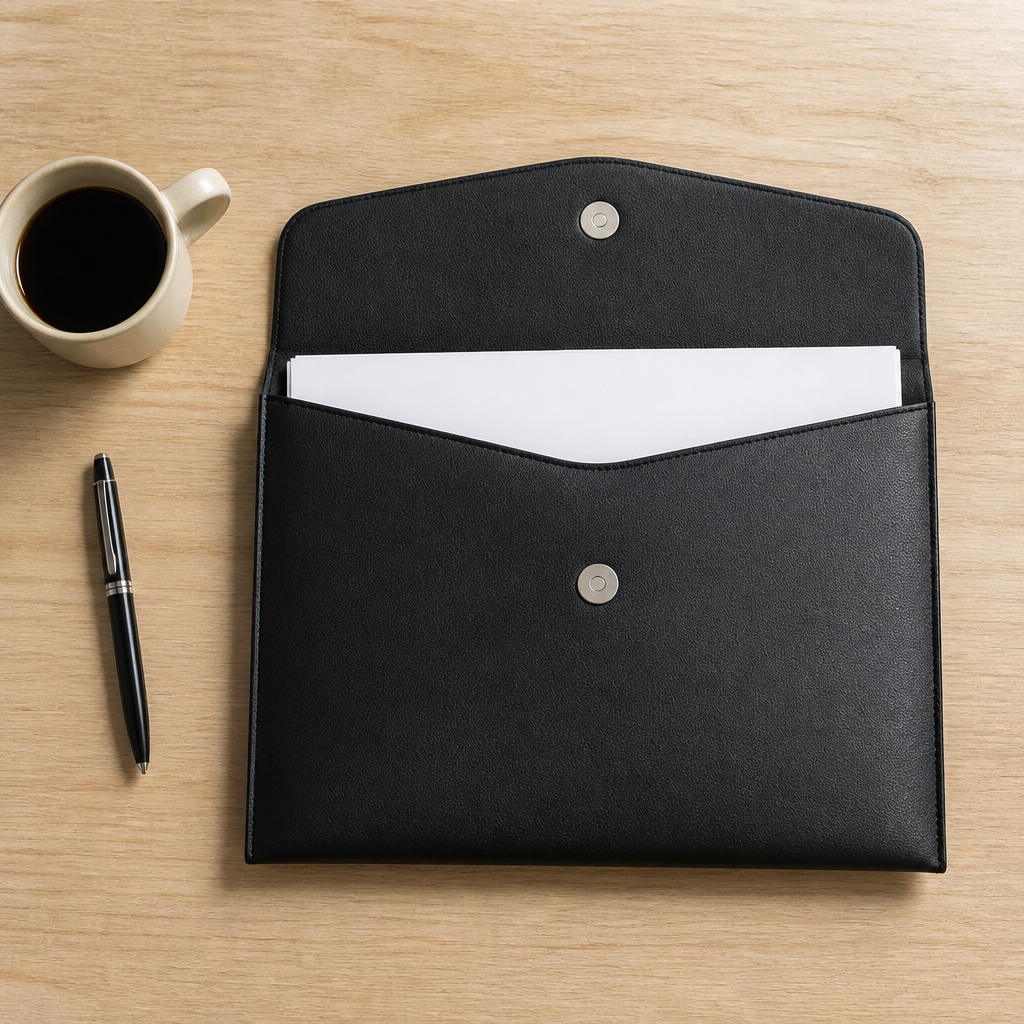 Chemise porte-document A4 noire posée ouverte sur un bureau, feuilles A4 glissées à l'intérieur (visuel illustratif)