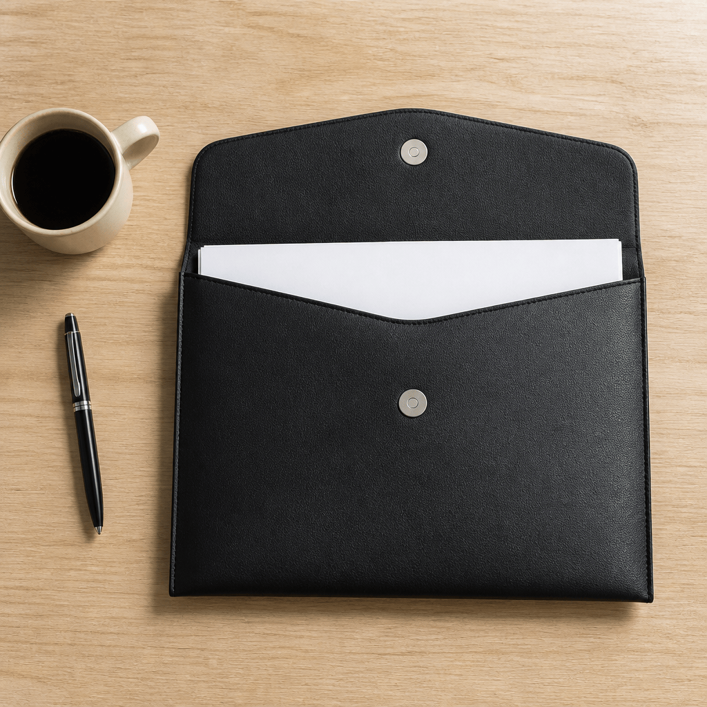 Chemise porte-document A4 noire posée ouverte sur un bureau, feuilles A4 glissées à l'intérieur (visuel illustratif)