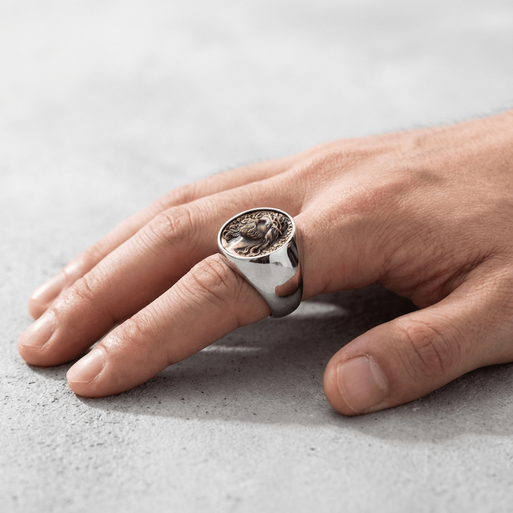 Chevalière ancienne homme argent portée index acier inoxydable bague